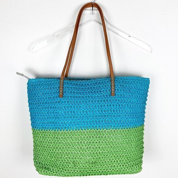 Raffia Blue Green Zip Top Tote Bag - Picture 2 of 7